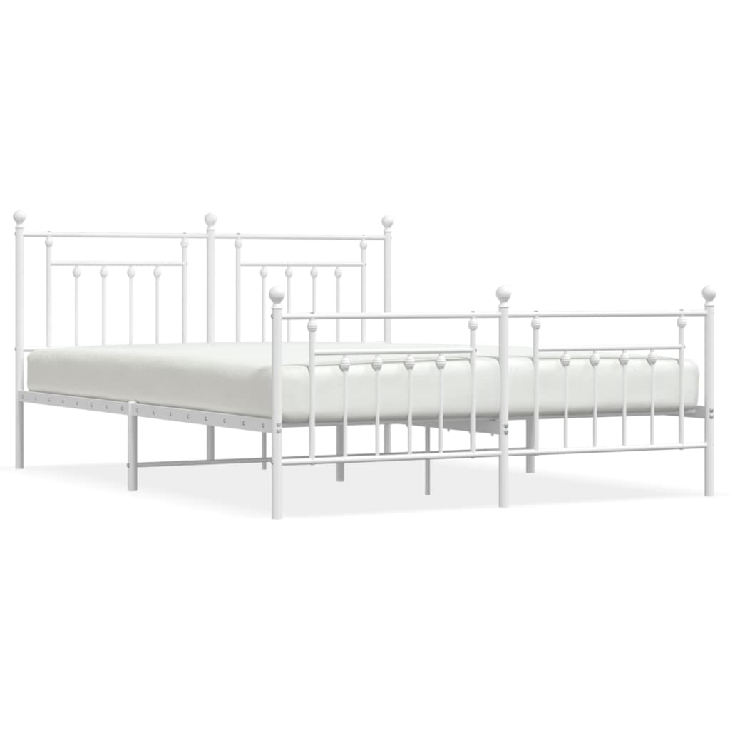 White metal twin bed frame with decorative finials and slatted base