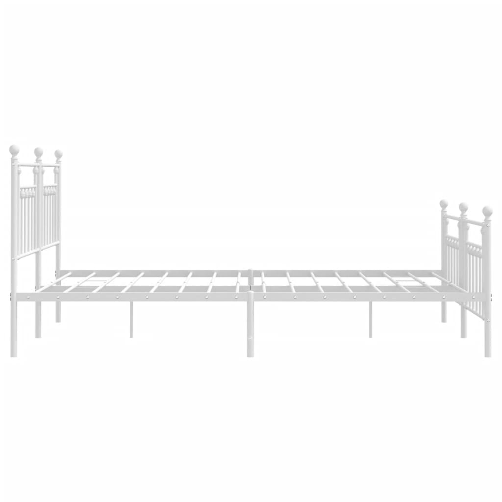 Two white metal bed frames sidebyside with rounded finials