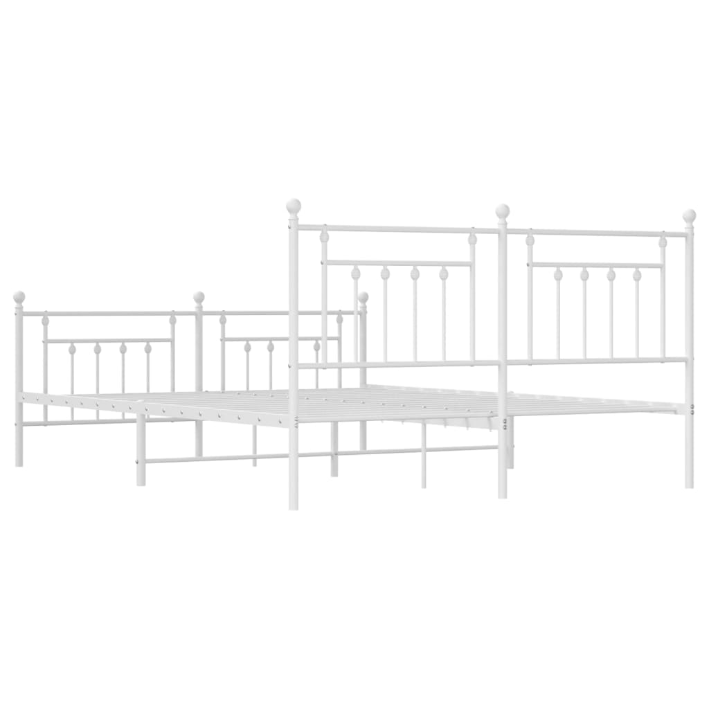 White metal twin bed frame with decorative finials on headboard and footboard