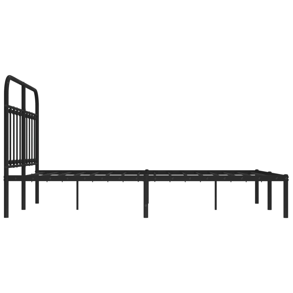 Black metal bed frame with a curved headboard and vertical slats