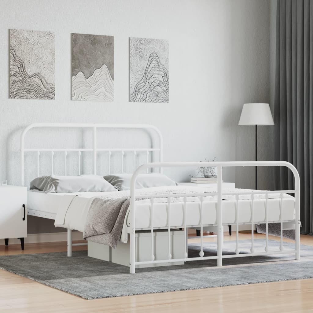 White metal platform bed frame with ornate detailing and a mattress set