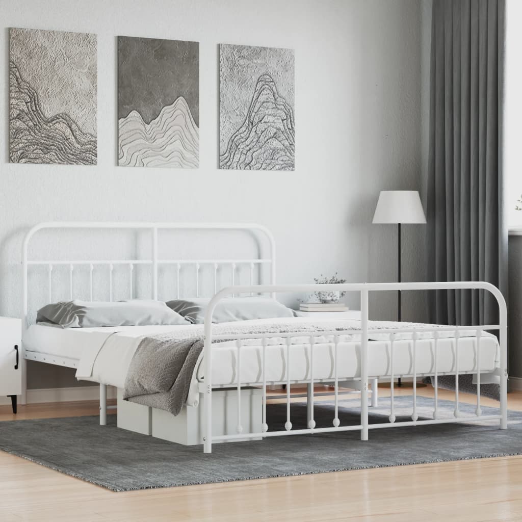 White metal bed frame with a modern minimalist design
