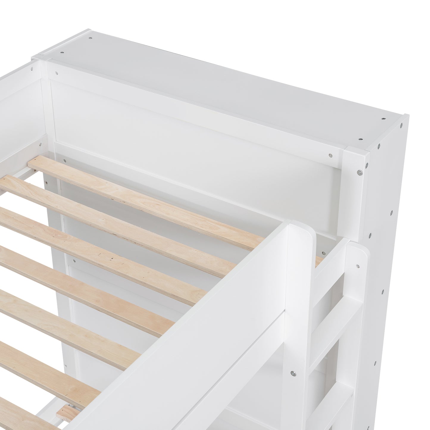 White wooden bunk bed frame with slatted base