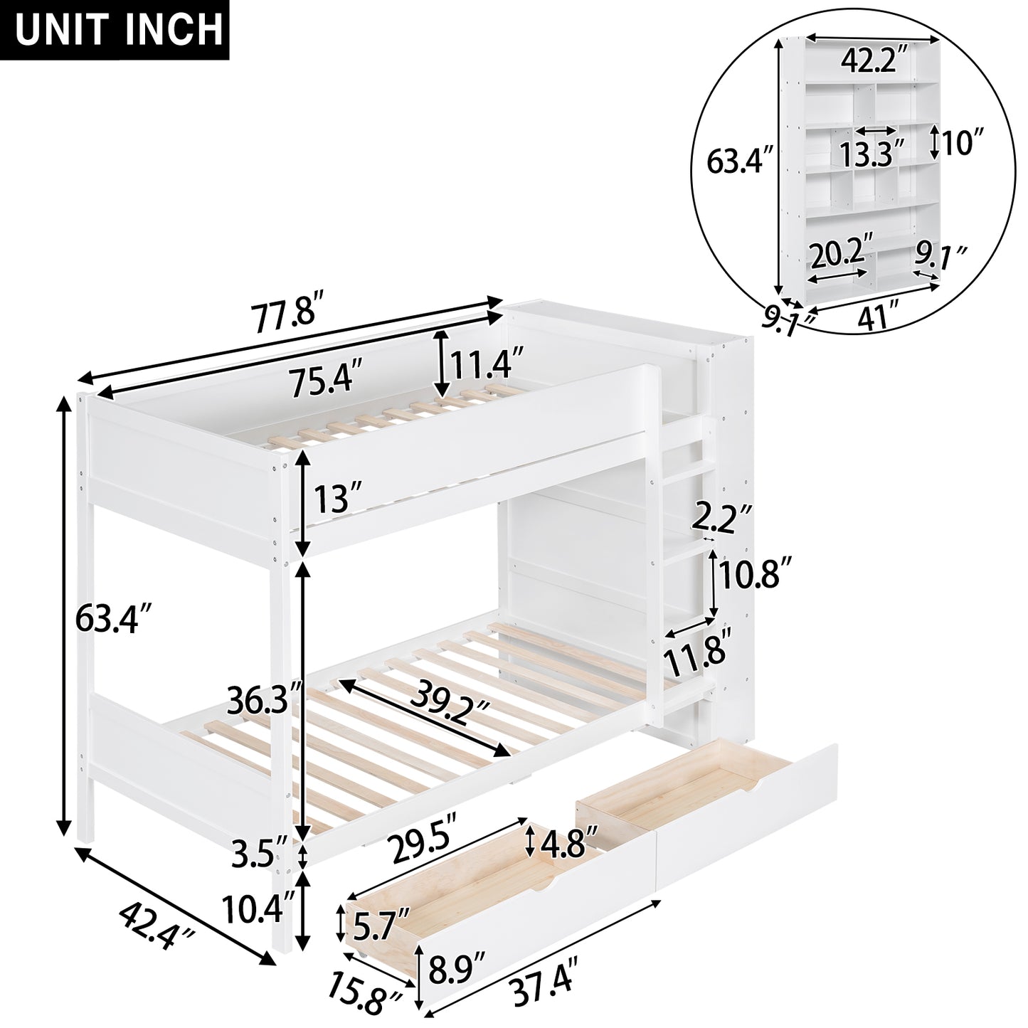 White twin over twin bunk bed with dimensions and storage drawers perfect for kids rooms