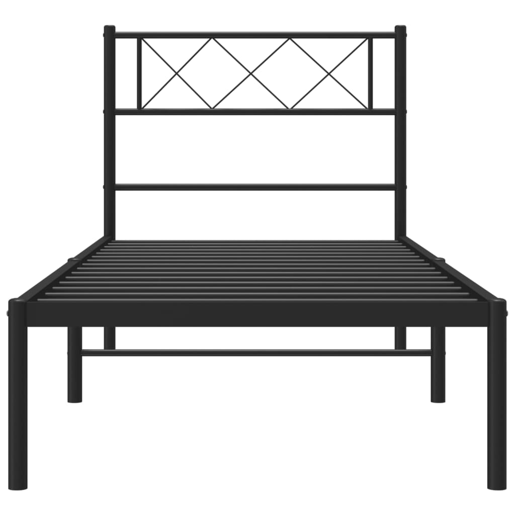 Black metal twin bed frame with diamond pattern headboard and underbed storage boxes