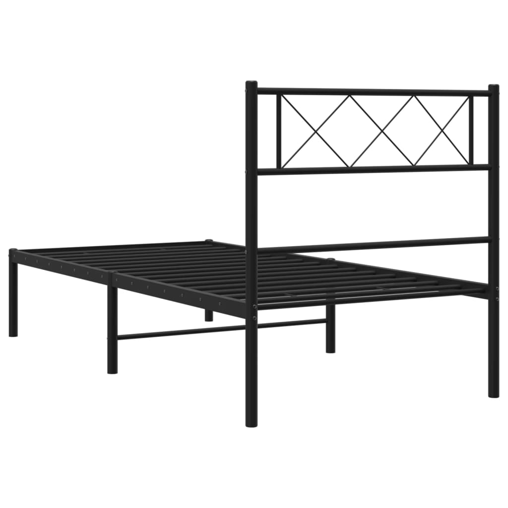 Black metal twin bed frame with diamondshaped headboard detail