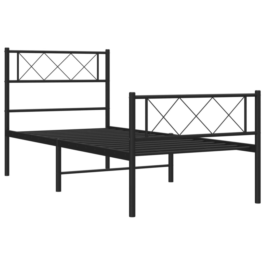 Black metal twin bed frame with diamond pattern headboard