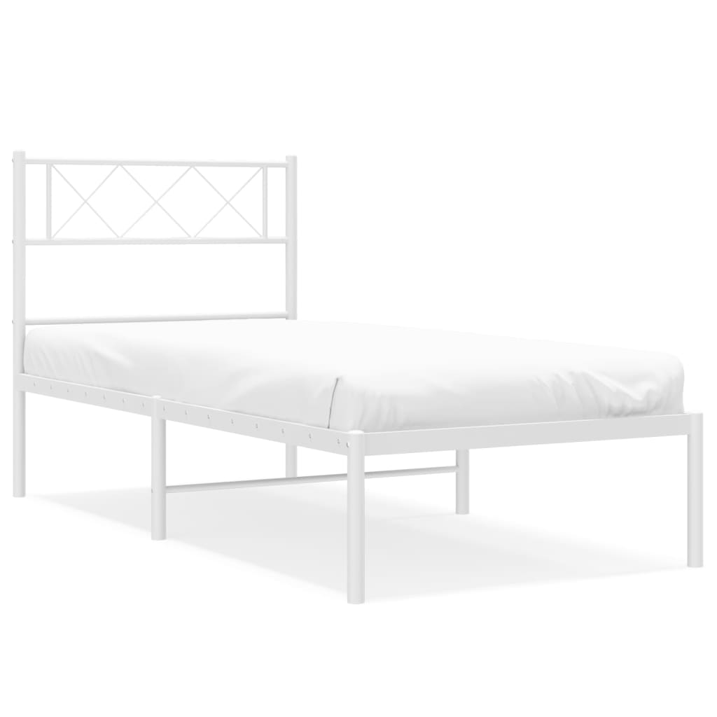 Line drawing of a white metal bed frame with dimensions labeled