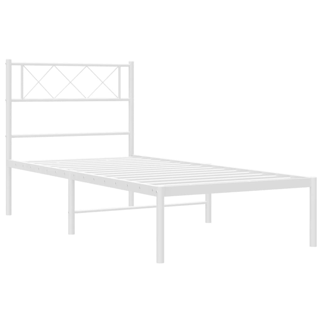 White metal twin bed frame with a diamond pattern headboard