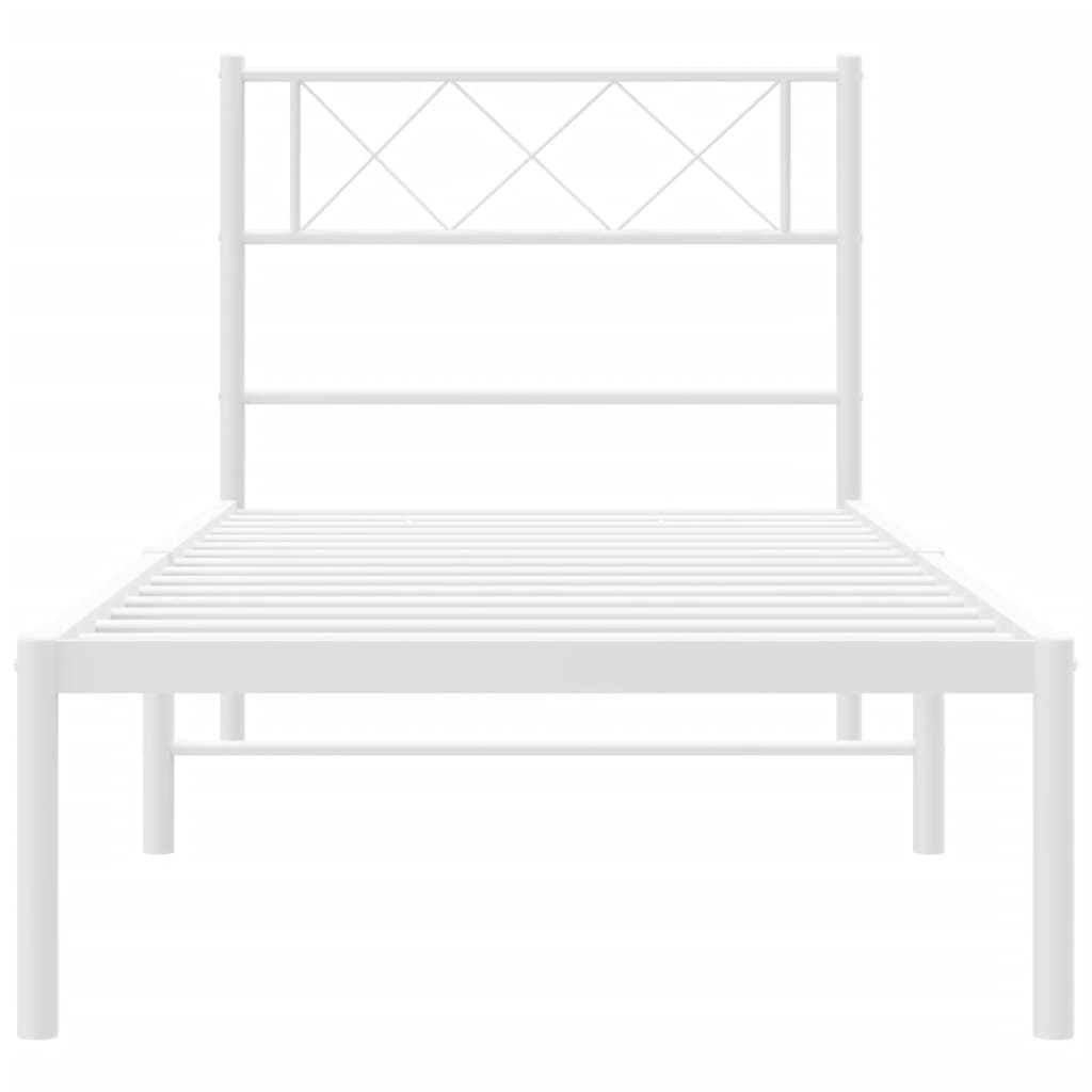 White metal single bed frame with a diamondpatterned headboard