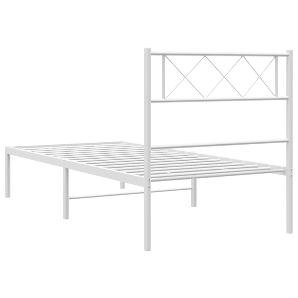 White metal bed frame with a diamond pattern headboard
