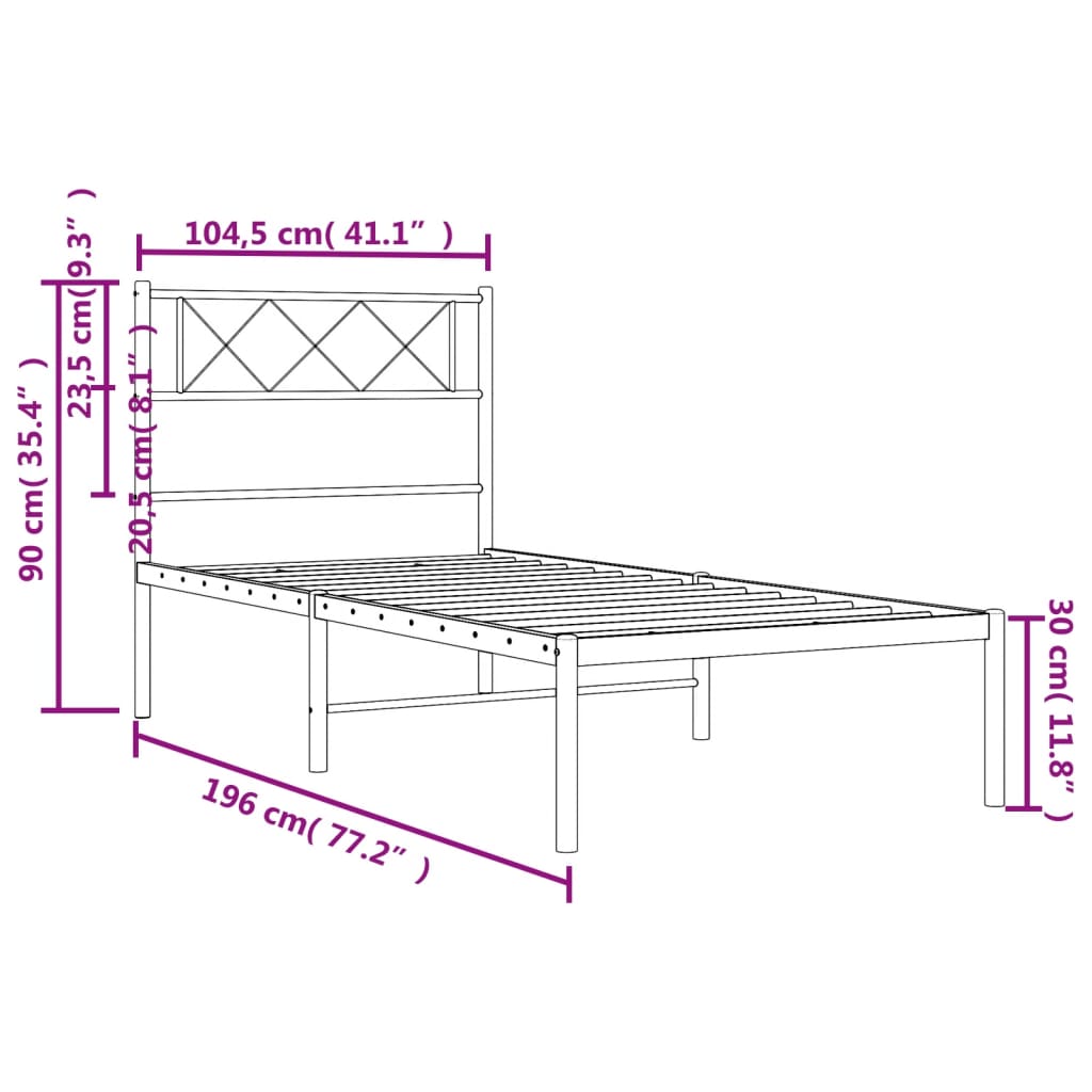 White metal twin bed frame with crisscross headboard detail