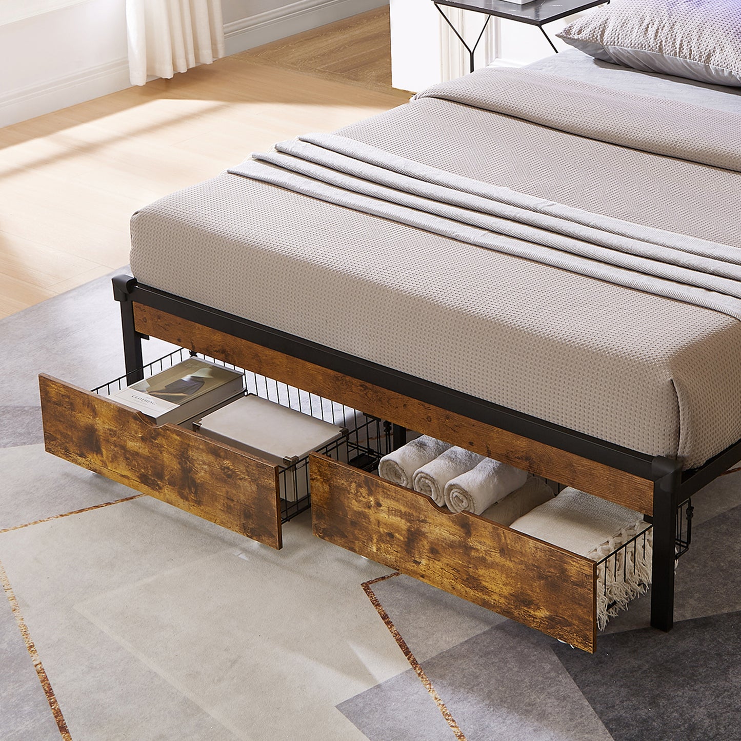Rustic wood twin bed frame with builtin drawers for storage