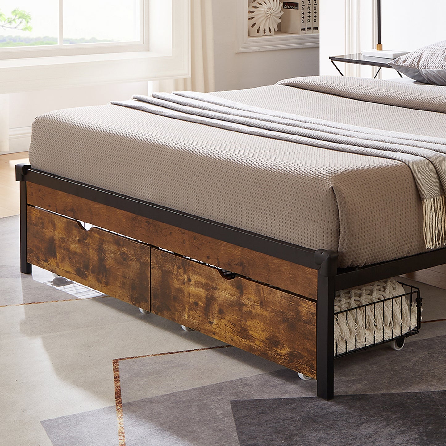 Rustic wood and black metal queen bed frame with drawers