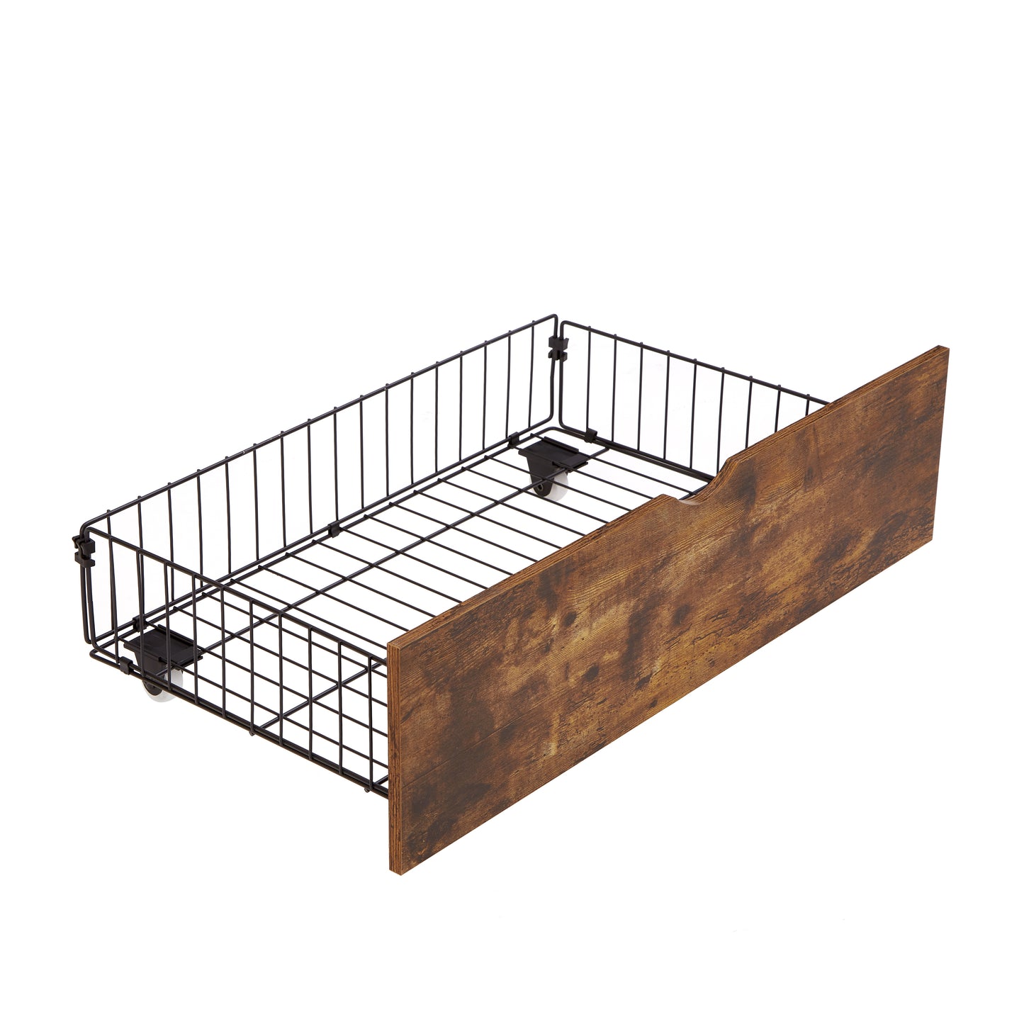 Rustic wood front wire storage drawer with integrated wheels