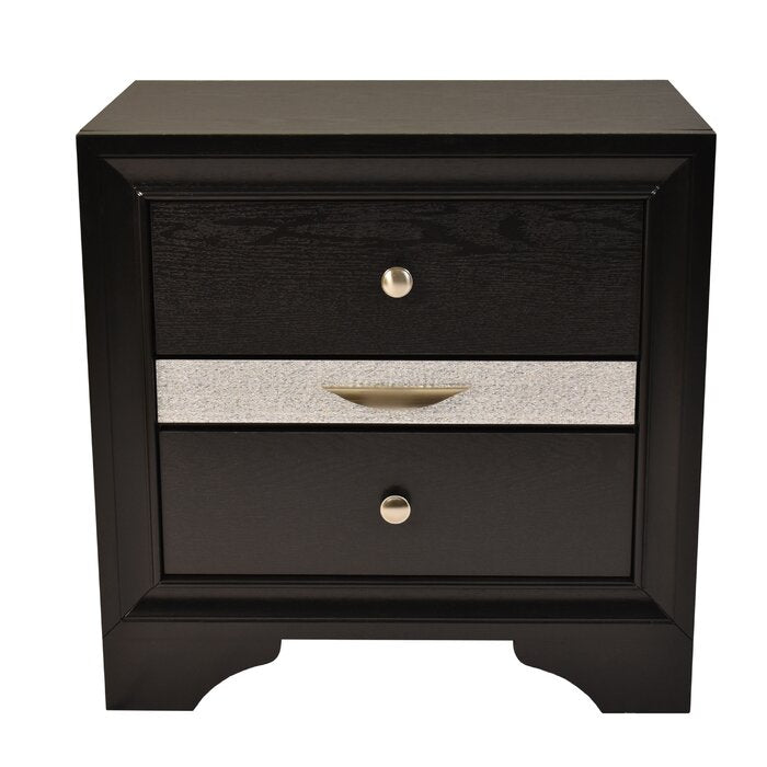 Black twodrawer nightstand with silver accent and brushed nickel hardware