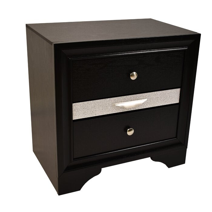 Black twodrawer nightstand with silver accent drawer pull