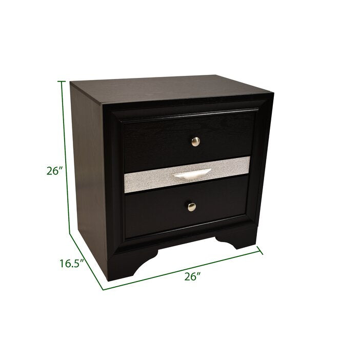 Black twodrawer nightstand with silver accent drawer front and brushed nickel knobs