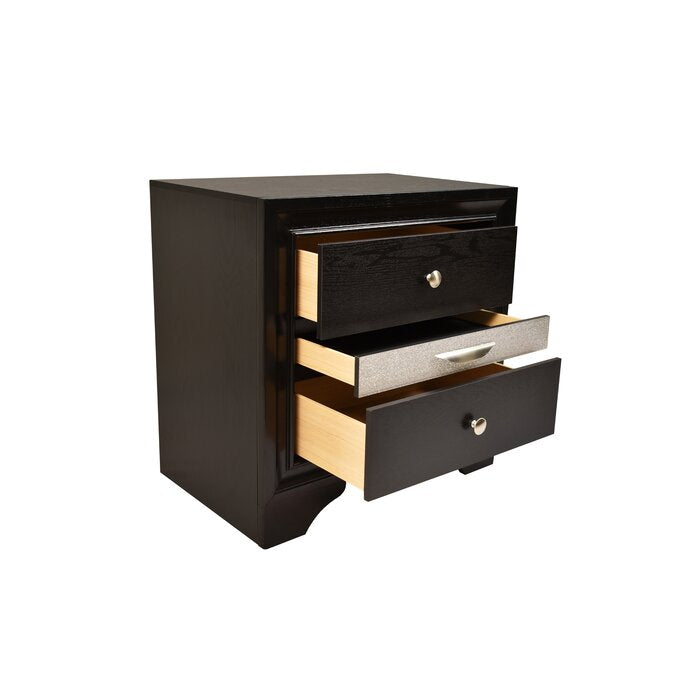 Black threedrawer nightstand with silver accent drawer