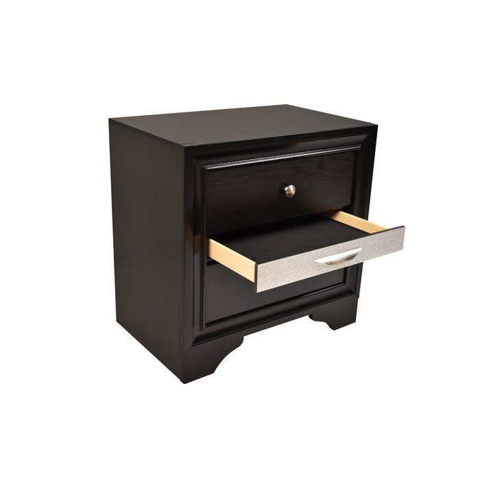 Black wood nightstand with one open drawer and silver pull