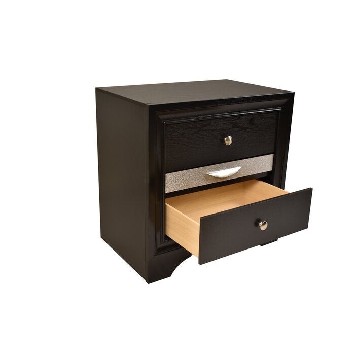 Black wood nightstand with three drawers and silver hardware