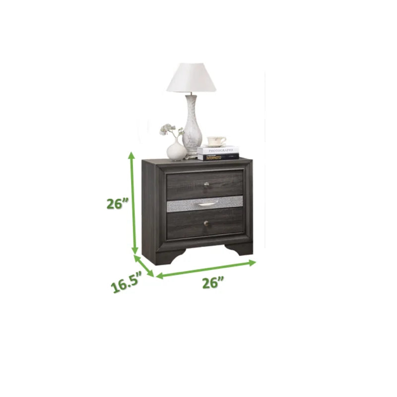 Dark grey twodrawer nightstand with silver inlay