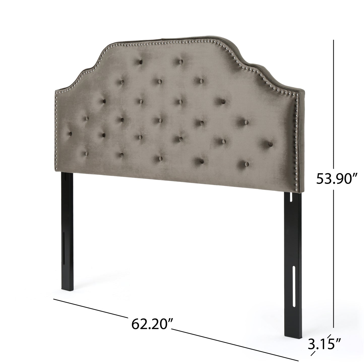 Tufted velvet headboard in taupe with silver nailhead trim and black legs