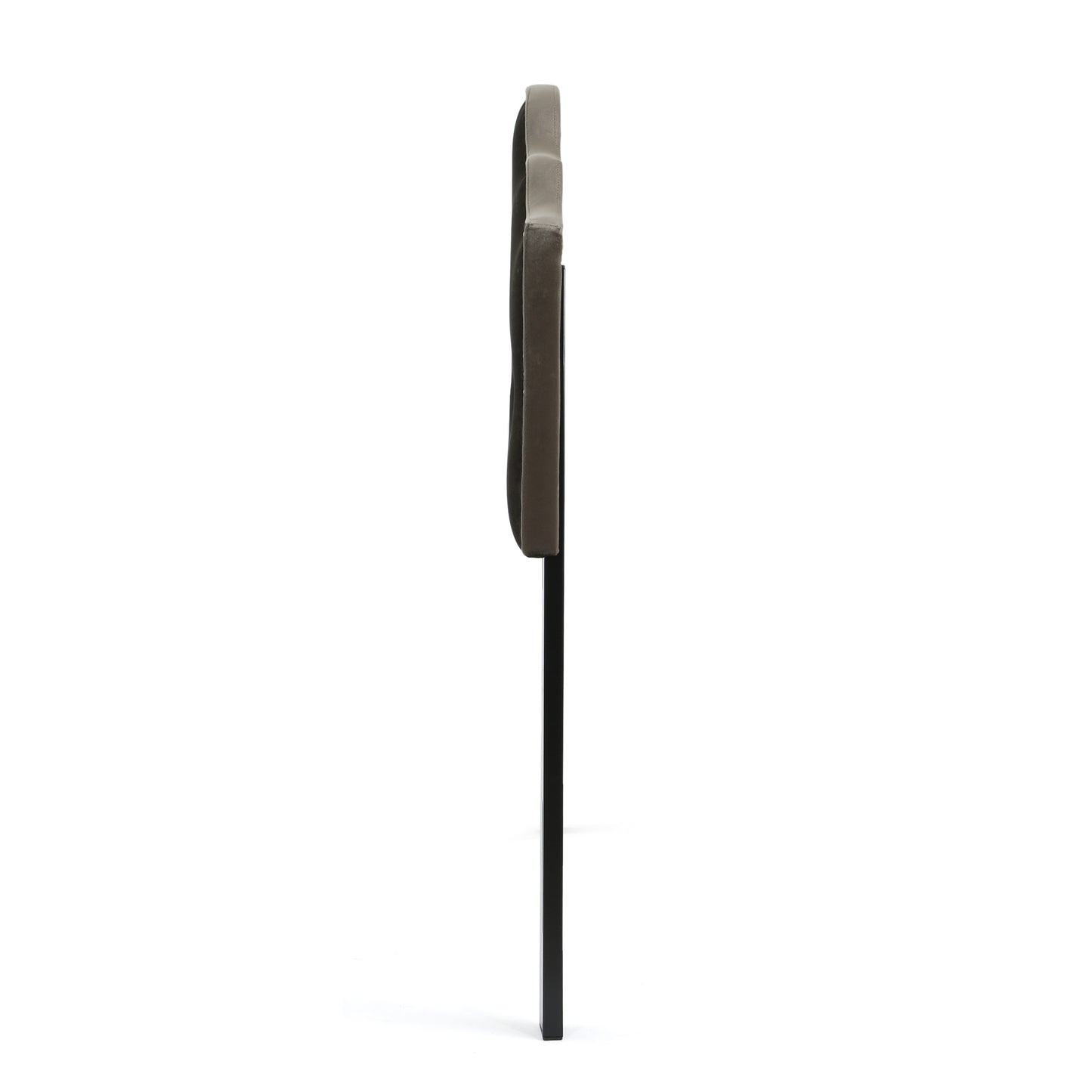 Side view of upholstered headboard in grey velvet with a slim metal frame