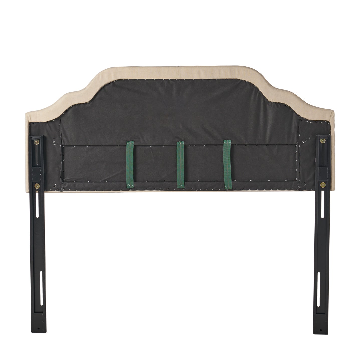 Upholstered headboard frame showing beige fabric and metal mounting brackets