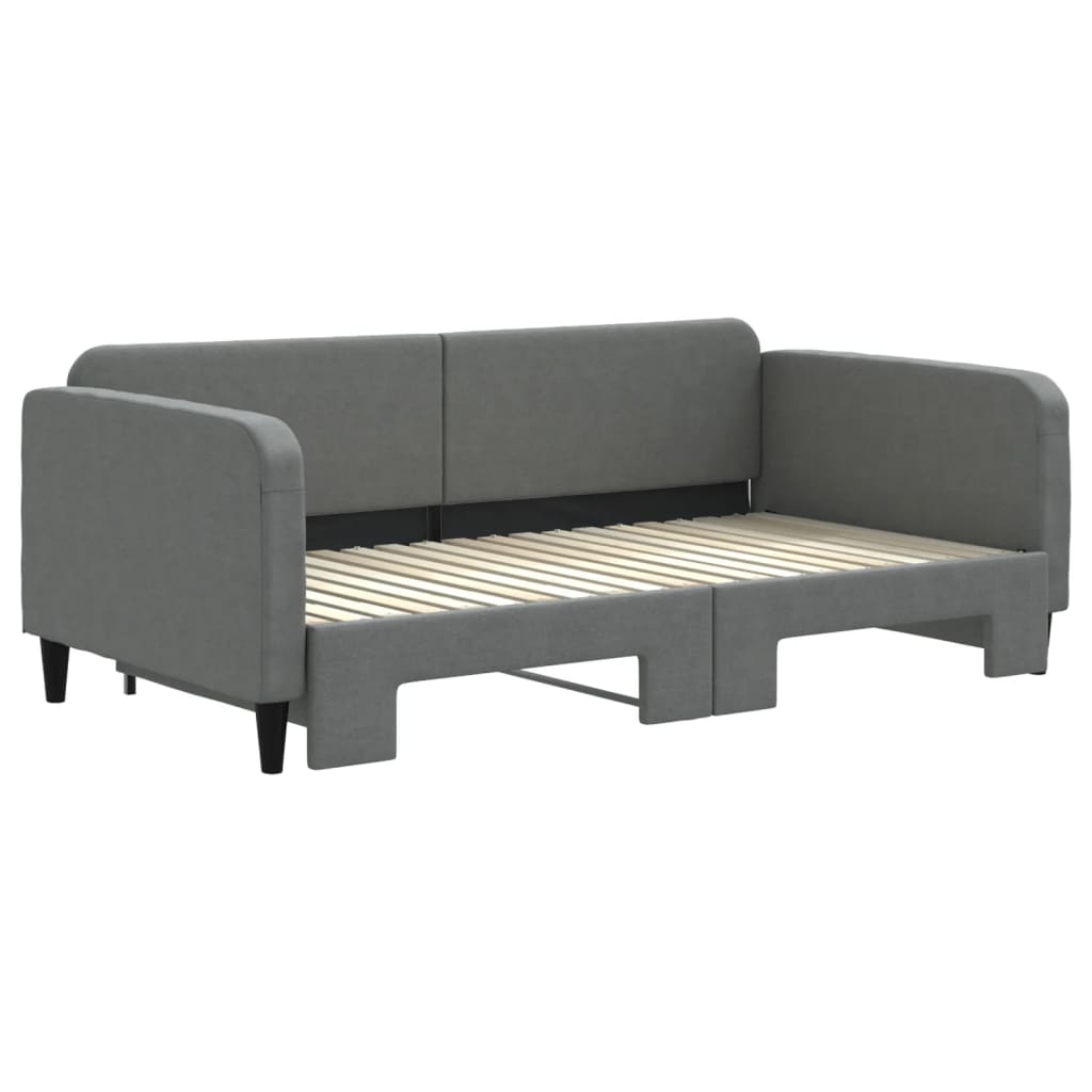 Grey fabric sofa bed frame with wooden slats extended