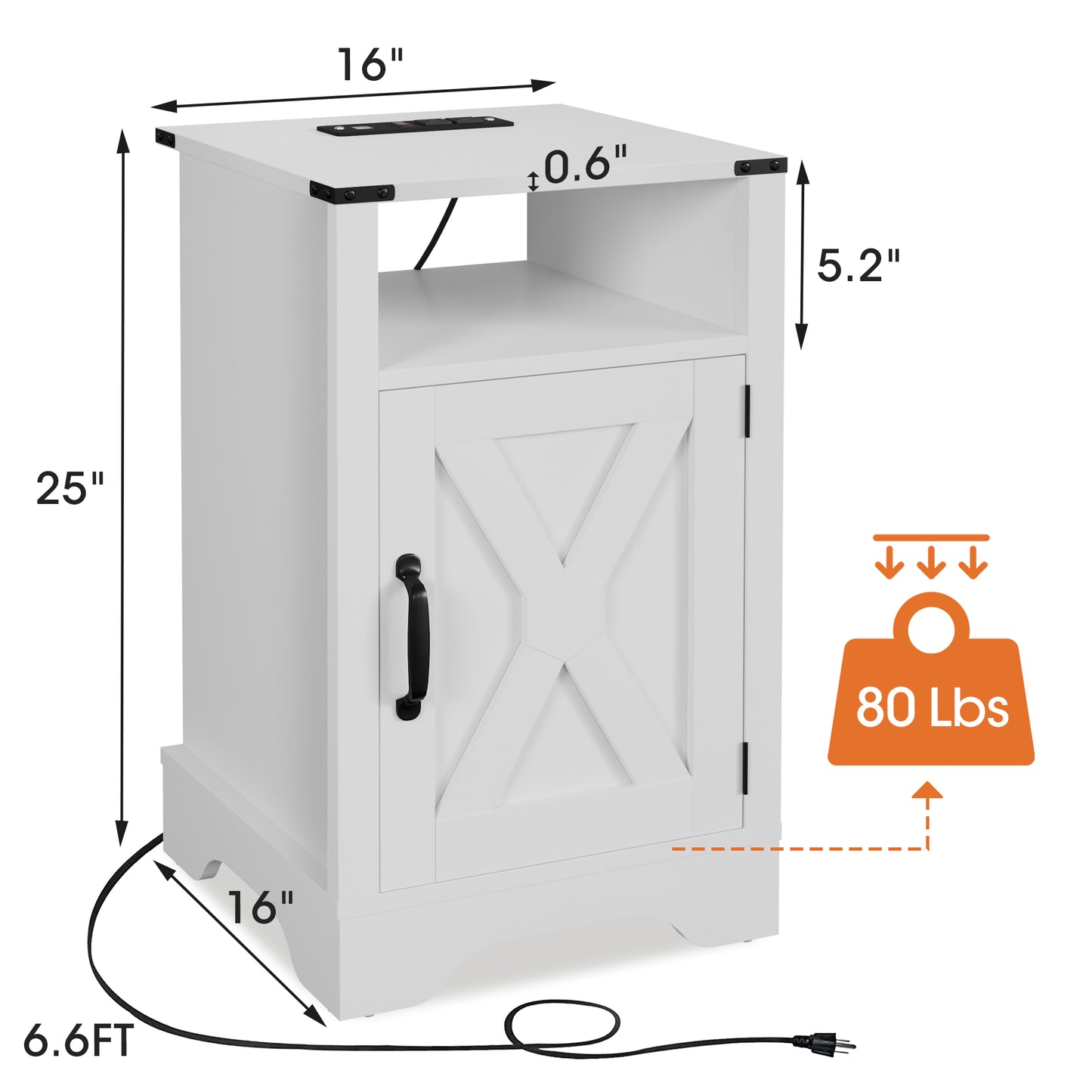 White farmhouse end table with Xdoor detail and builtin power strip