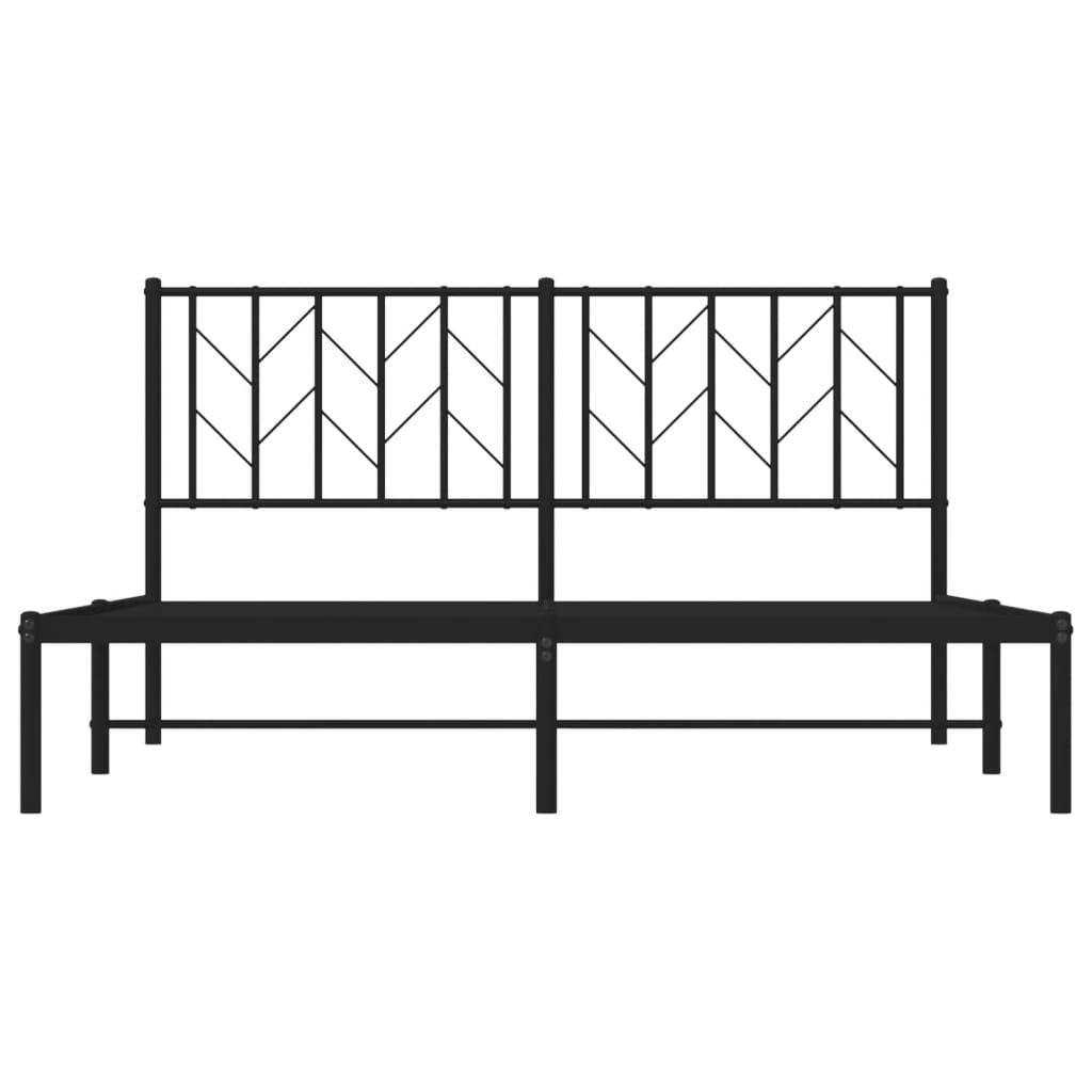 Black metal bed frame with geometric patterned headboard