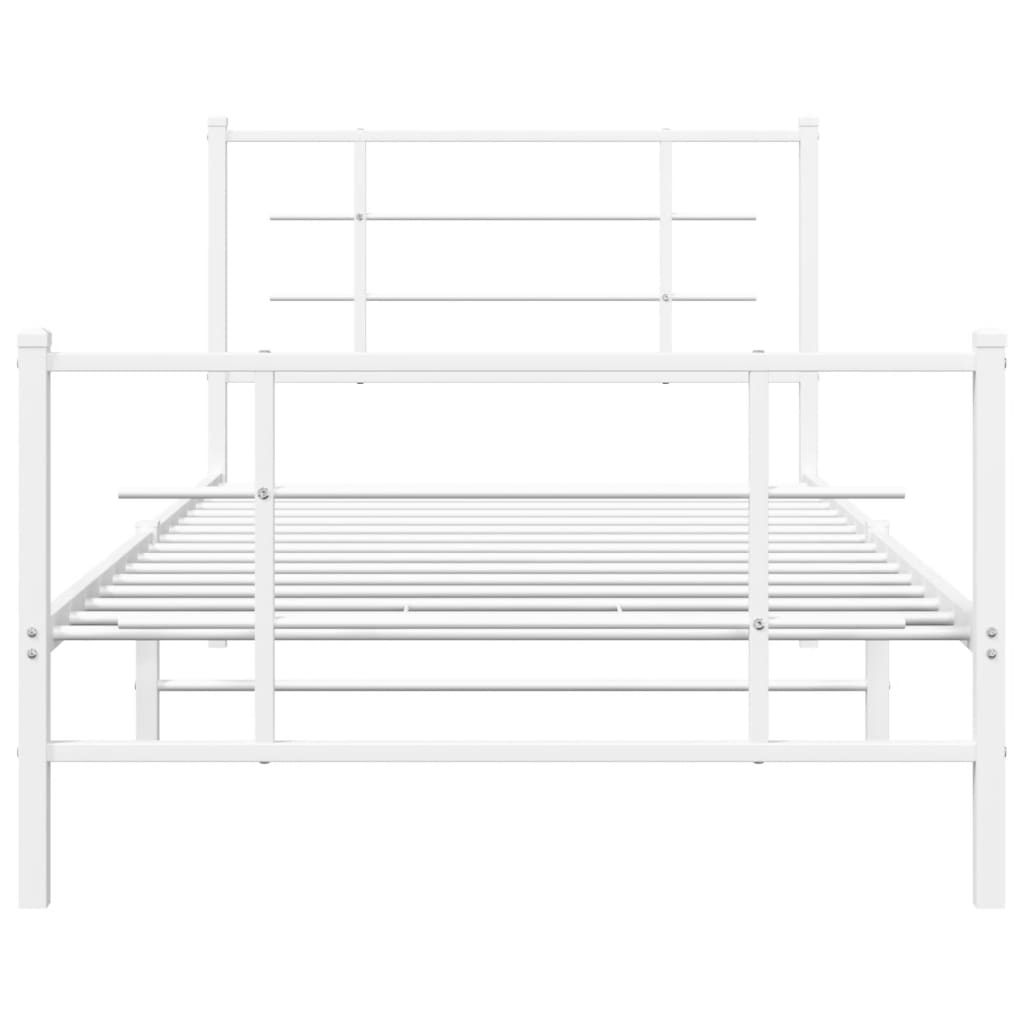 White metal bed frame with a minimalist design and mattress