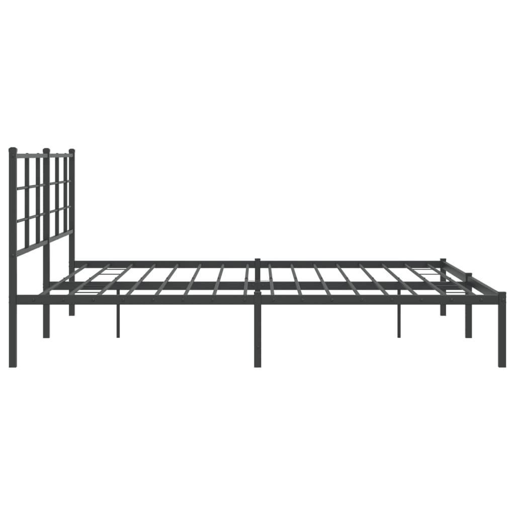 Dark gray metal platform bed frame with a minimalist grid headboard