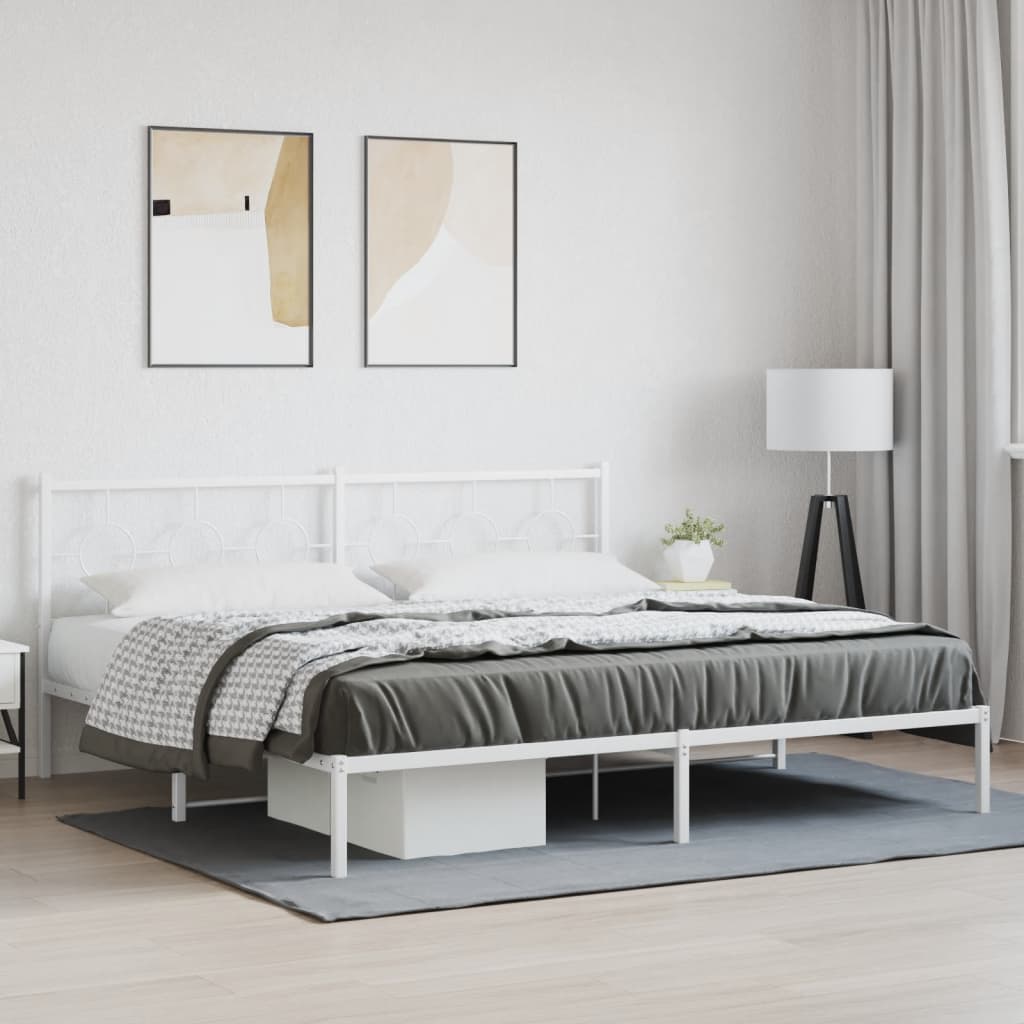 White metal platform bed frame with a minimalist design and integrated storage drawer