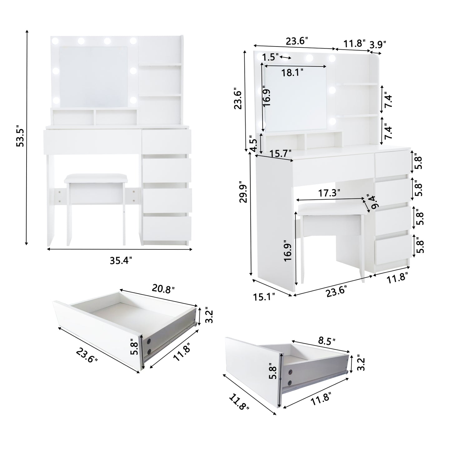 White vanity desk with LED lights and drawers