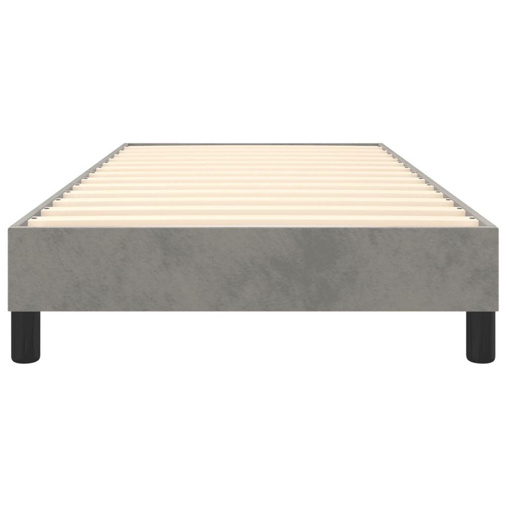 Grey fabric platform bed frame with slatted support