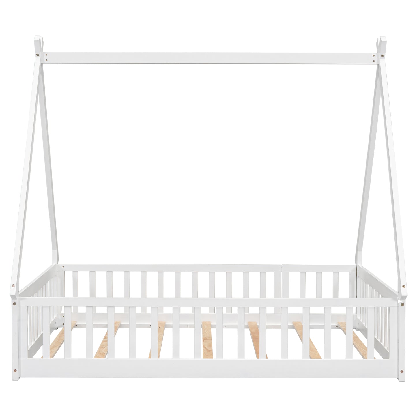 White wooden kids house bed frame with slatted sides