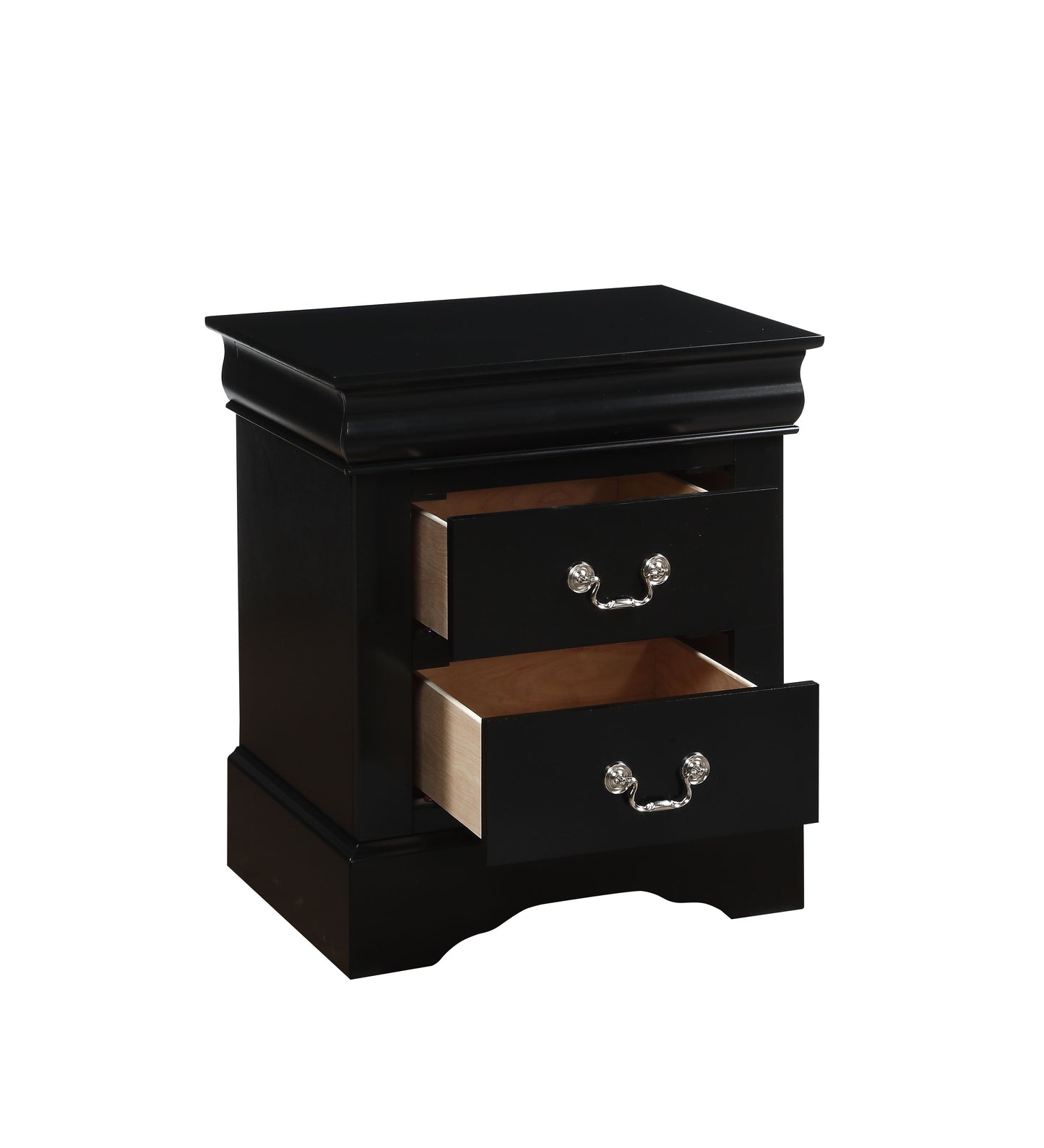 Black twodrawer nightstand with silver hardware and open drawers