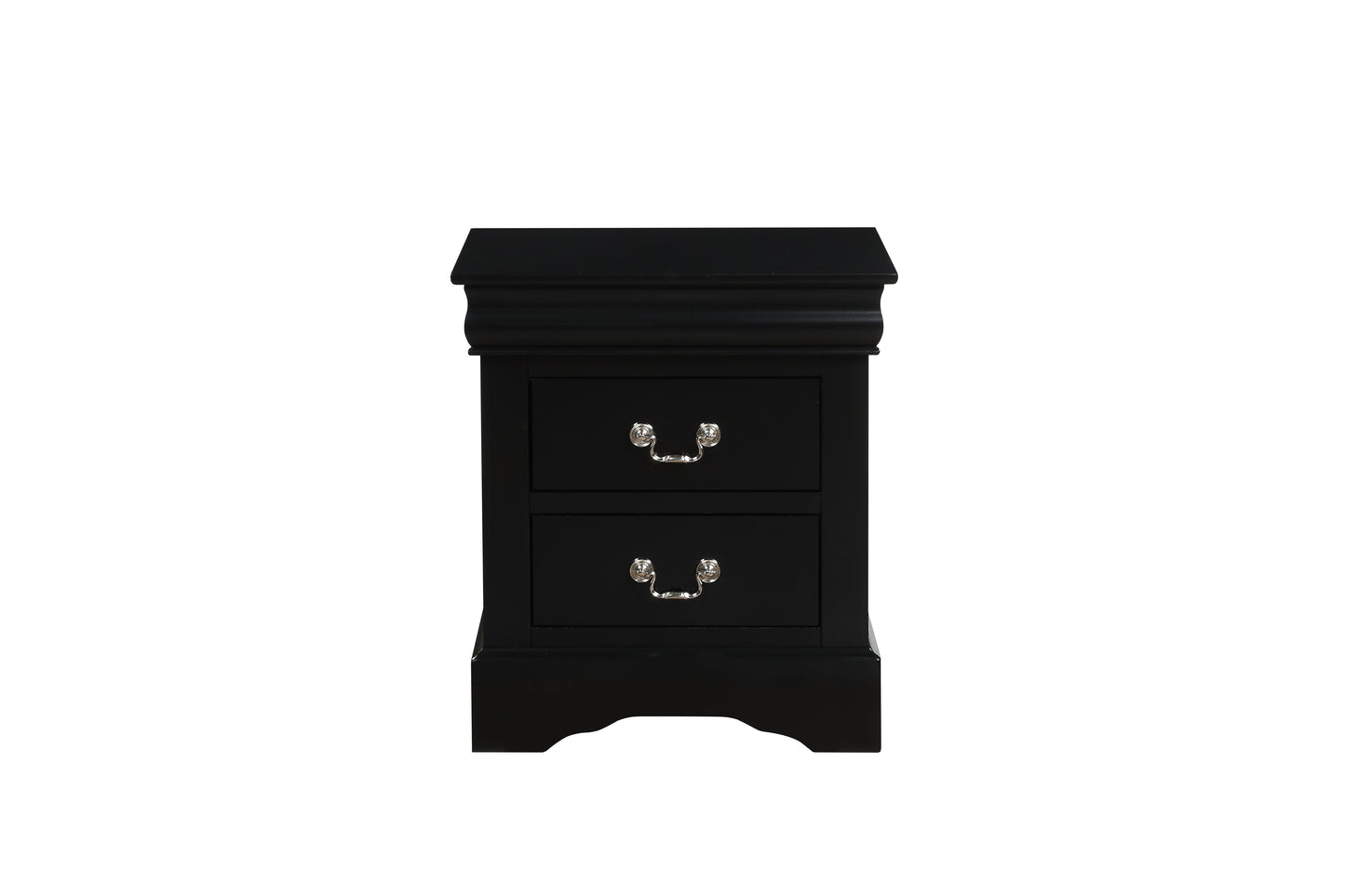 Black twodrawer wooden nightstand with ornate silver pulls