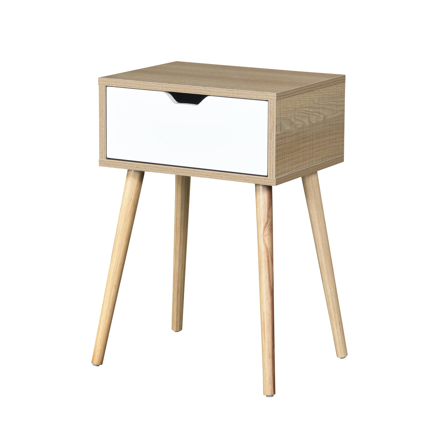 Midcentury modern nightstand with white drawer and wood grain finish