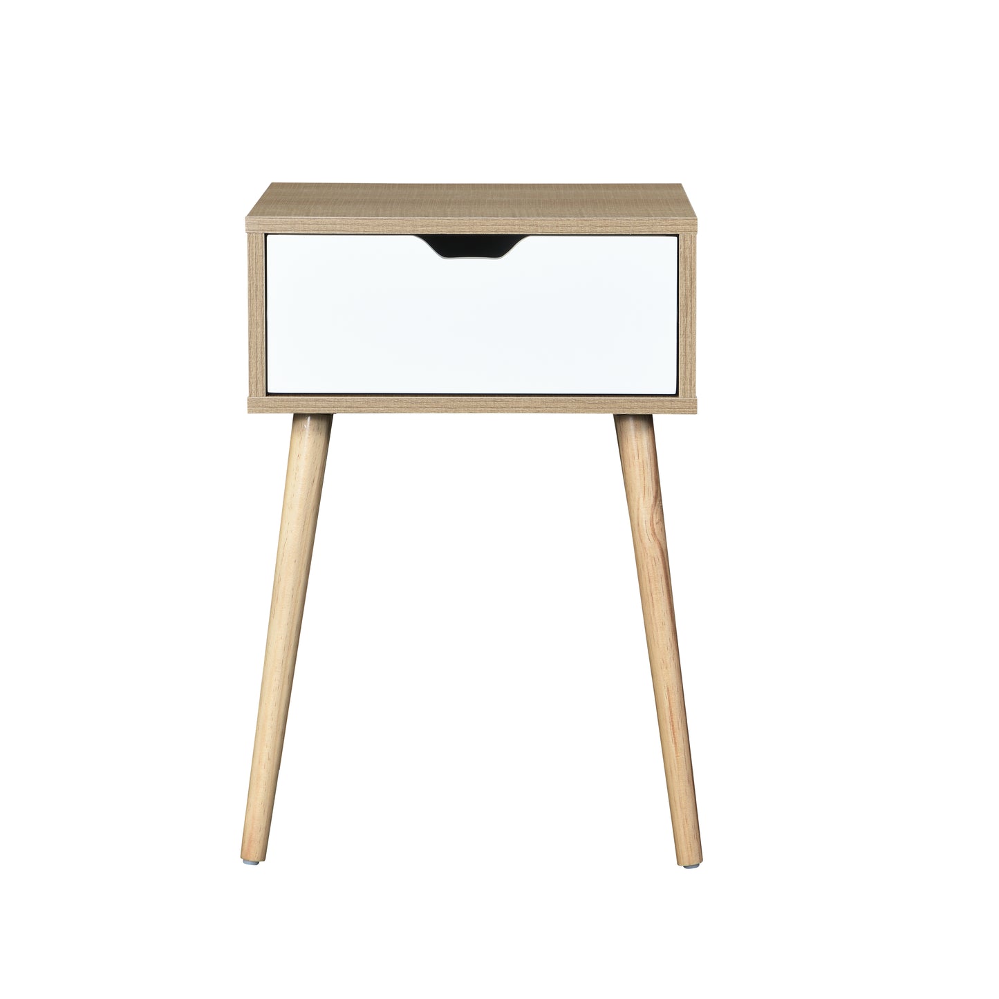 Midcentury modern nightstand with light wood finish and white drawer