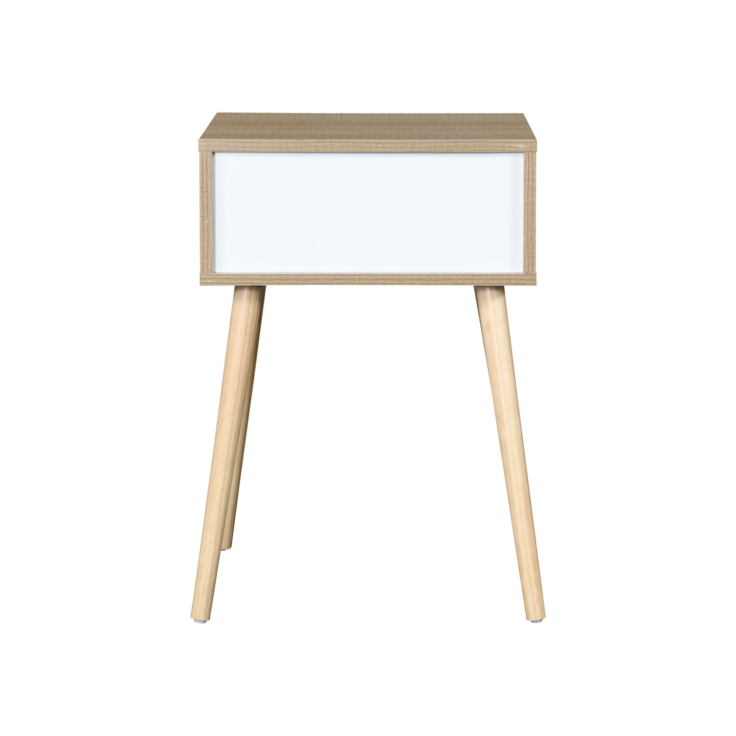 Modern bedside table with light wood finish and white drawer front