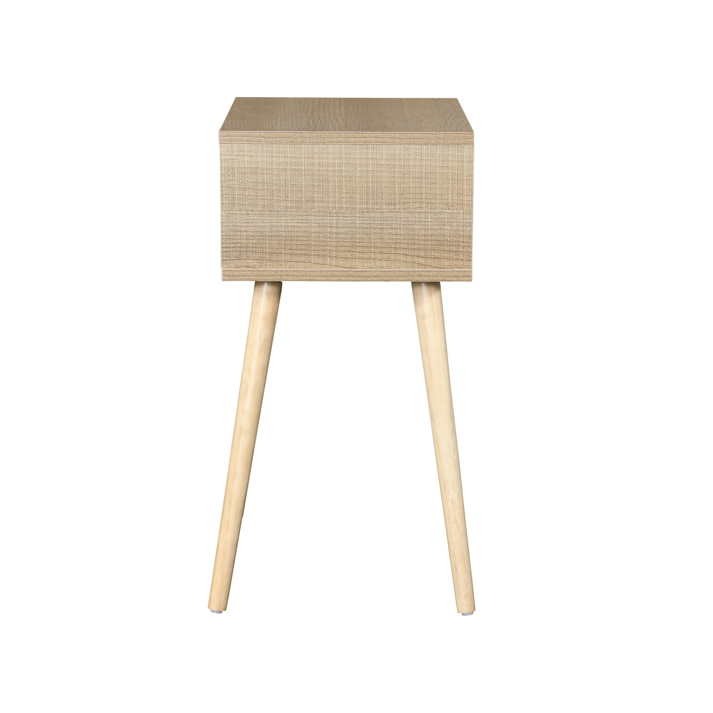 Light oak finish bedside table with tapered wooden legs and one drawer