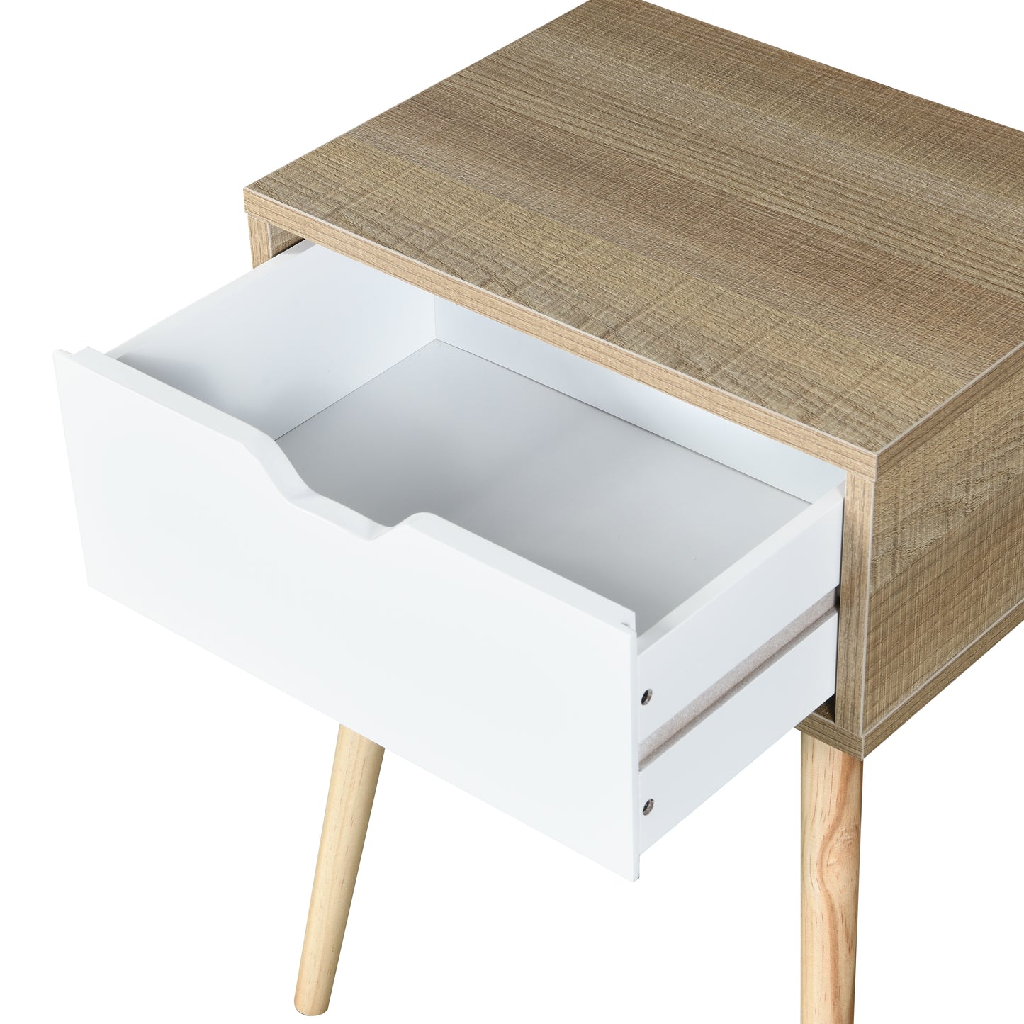 Modern bedside table with oakeffect laminate and white drawer