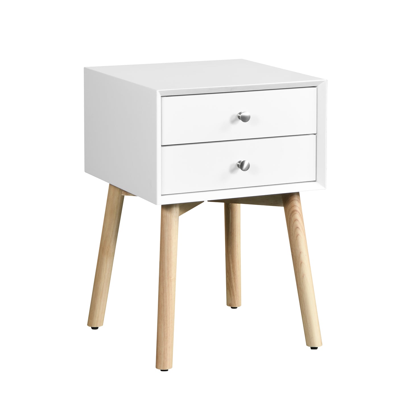 White twodrawer nightstand with silver knobs and tapered wooden legs