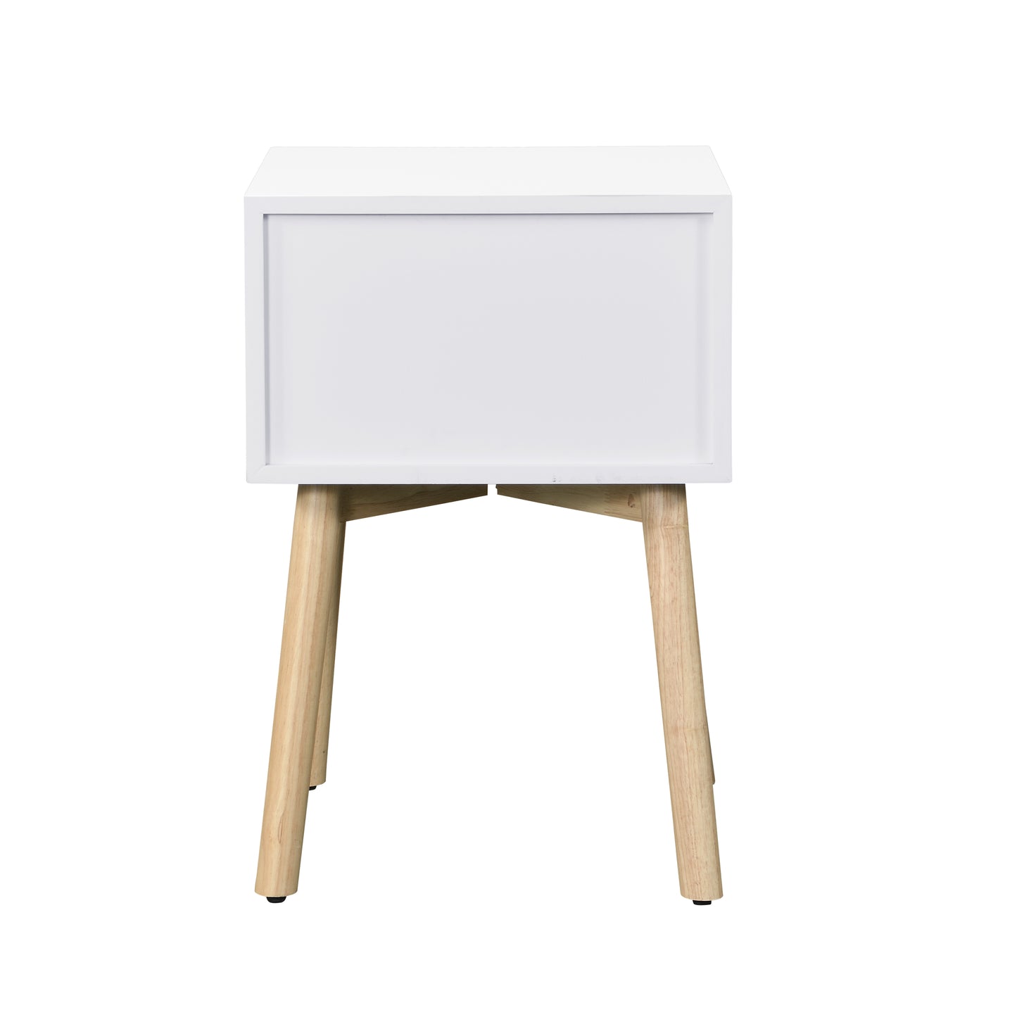White minimalist nightstand with drawer and natural wood legs