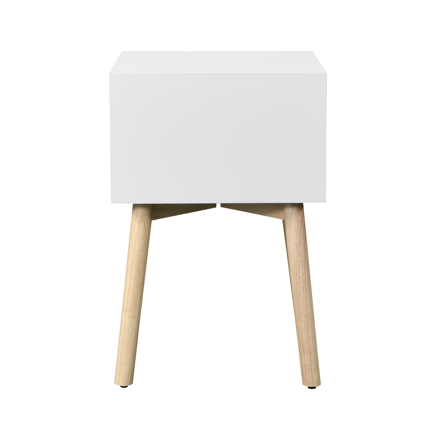 Modern white bedside table with tapered wooden legs