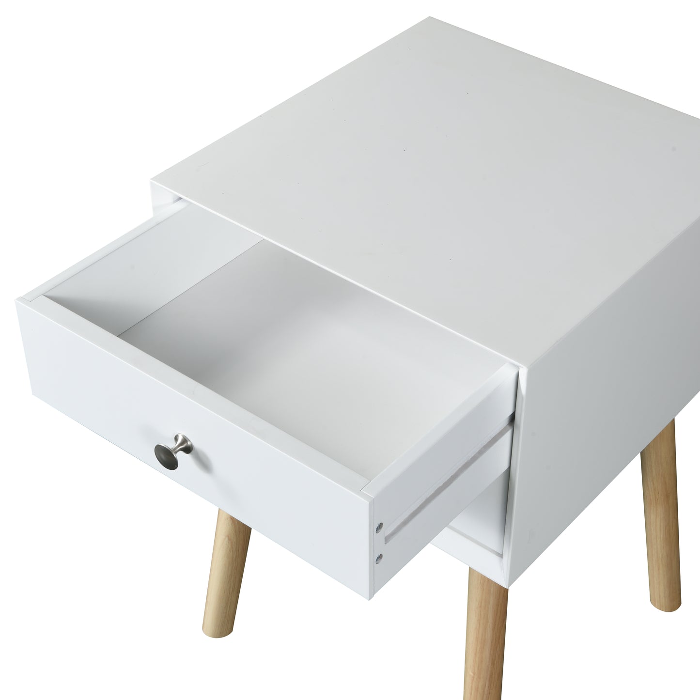 White bedside table with a single drawer and tapered wooden legs