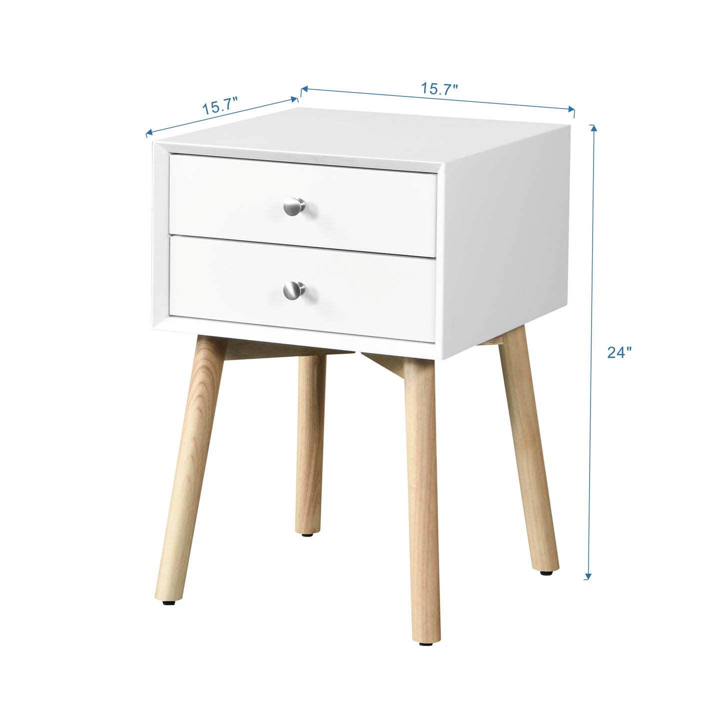 White twodrawer nightstand with tapered wooden legs and silver knobs
